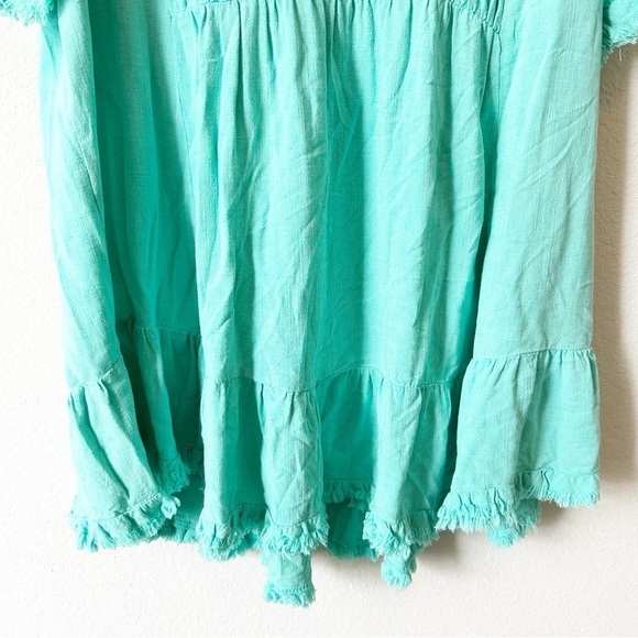 Umgee Green Babydoll Linen Cotton Ruffle Tunic Blouse Top Frayed Hem Sz M - Picture 5 of 12